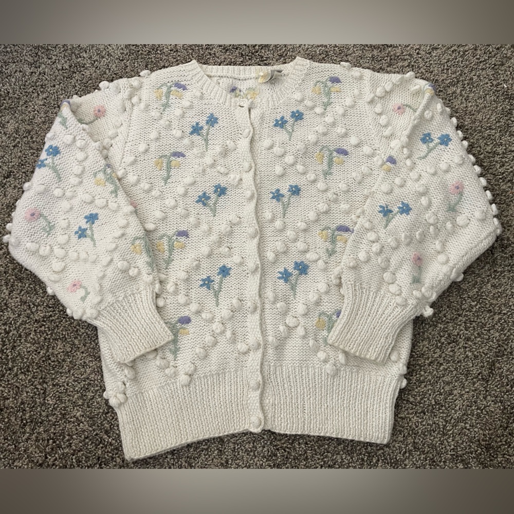 Vintage Cottagecore Grandma-core Embroidered Floral Knit Cardigan Sweater Sz S/M